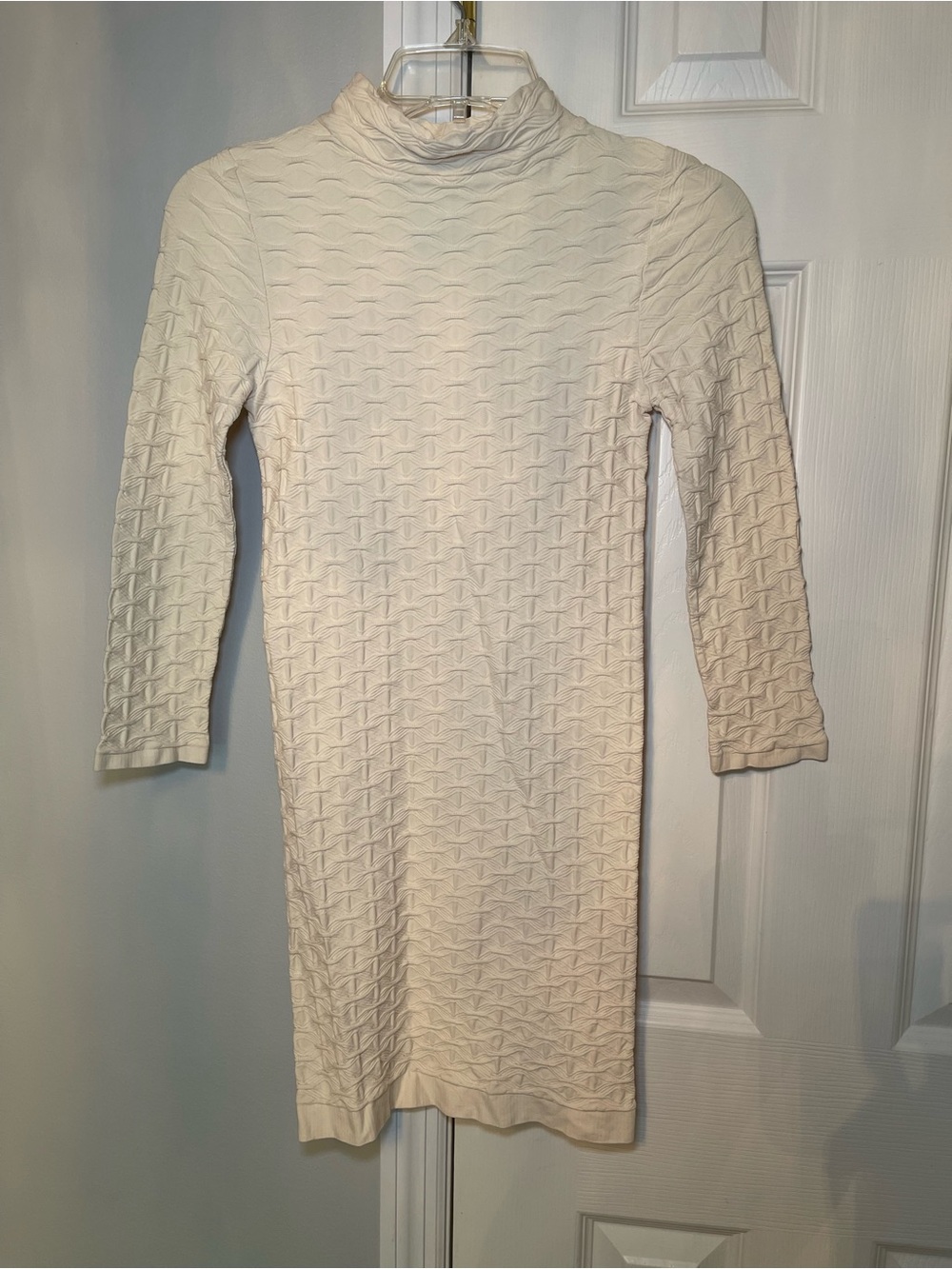 bebe Cream Textured Mock Neck Long Sleeve Dress